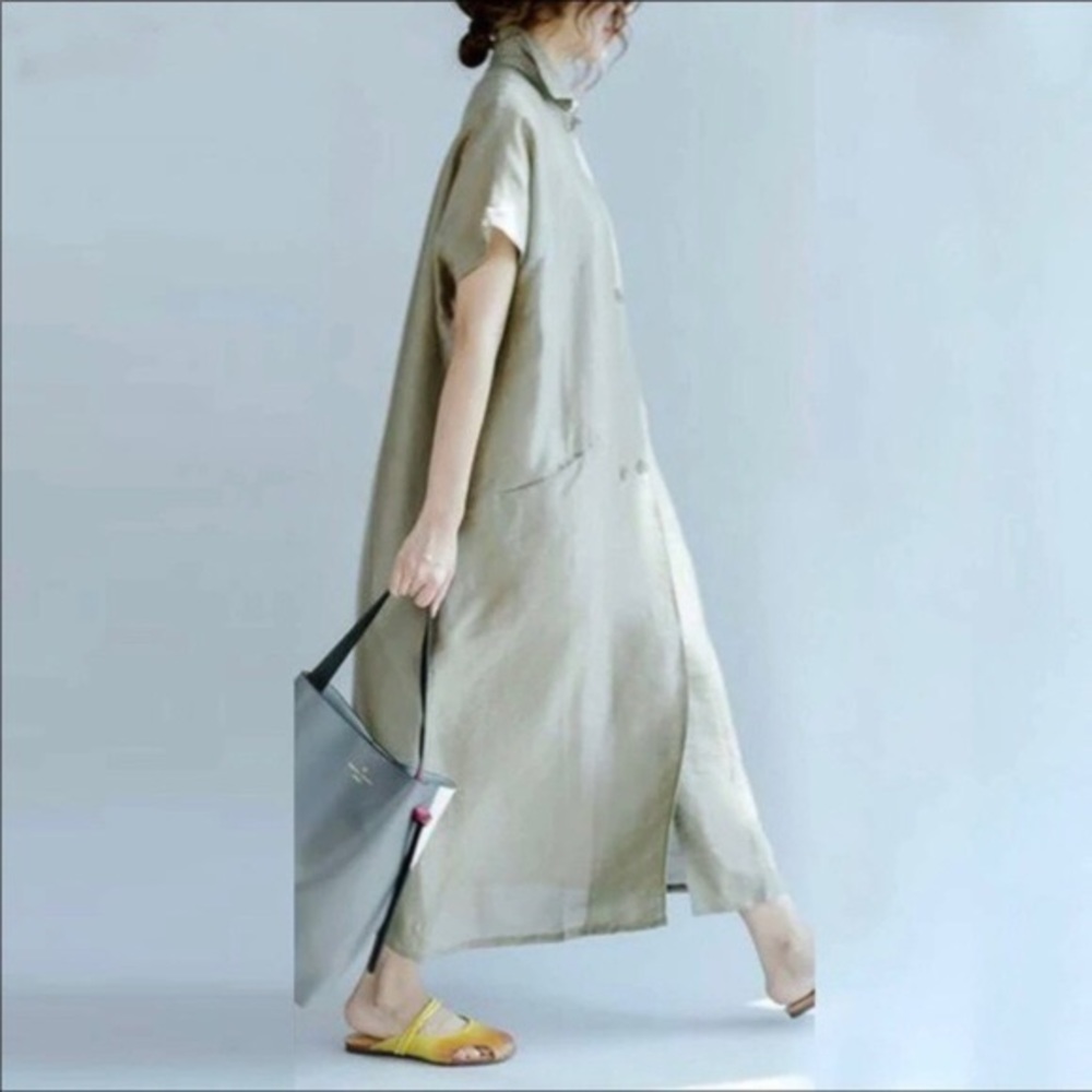100% Cotton shirt dress in Khaki green maxi